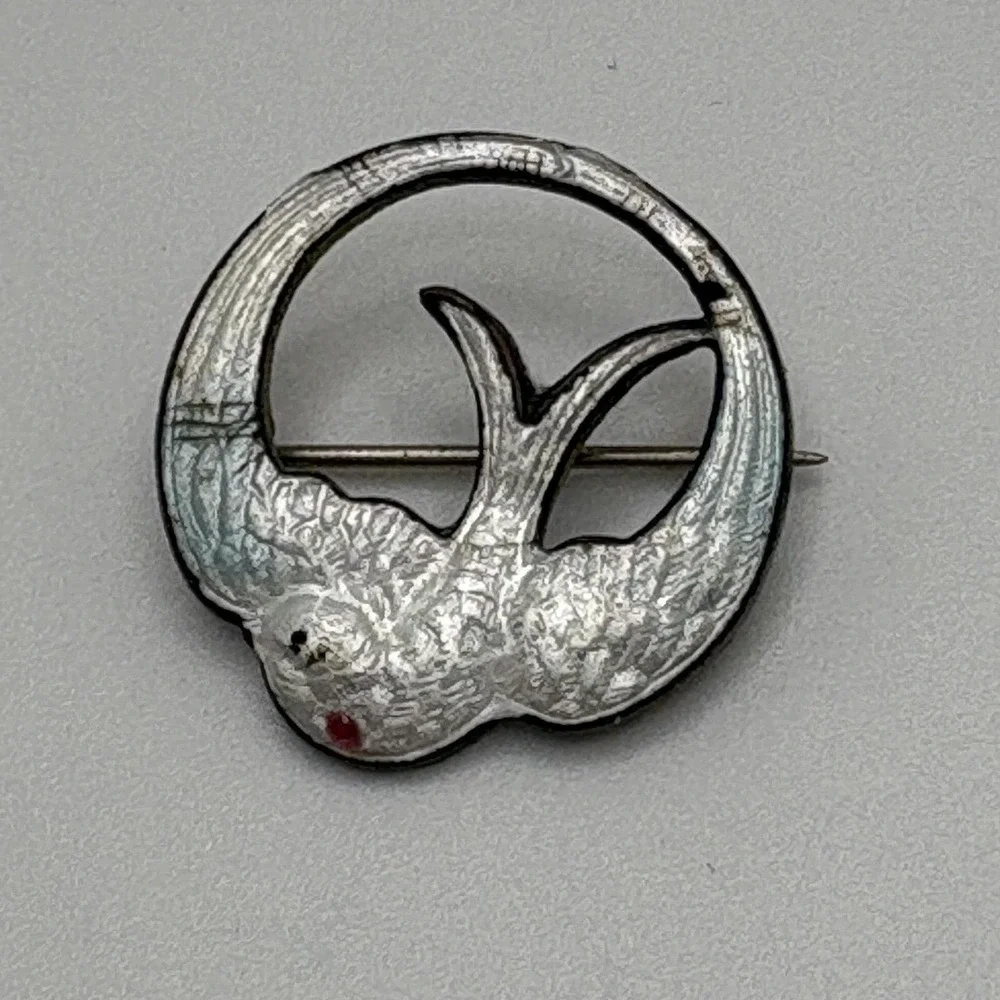 Vintage Guilloche Brooch Bird Swallow White Silver Tone Art Deco